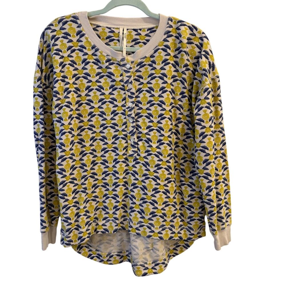 by Anthropologie Size Small Waffle Knit Yellow Blue Pattered Henley Style Top